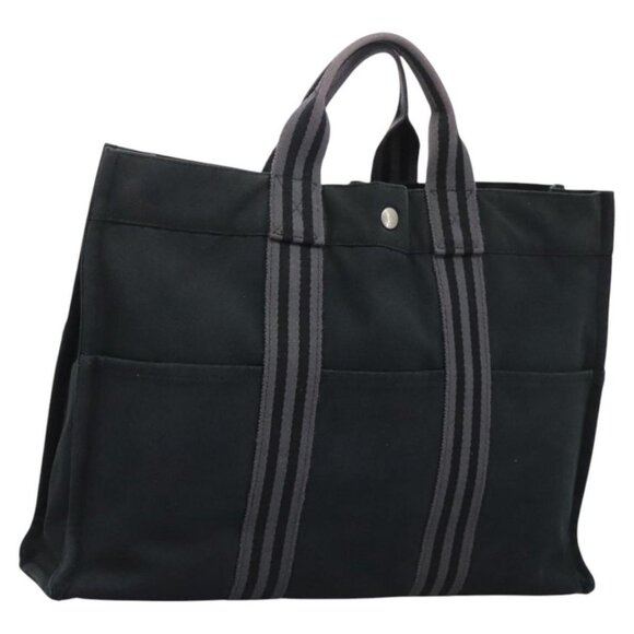 HERMES Fourre Tout MM Hand Bag Canvas Black Gray Silver Auth - Picture 1 of 16
